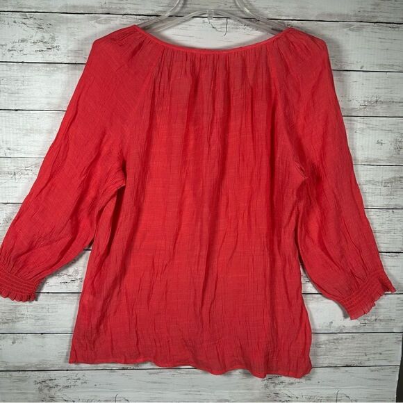 Spense Crinkle Coral Rayon Polyester Blouse L Elastic 3/4 Sleeve - Picture 2 of 6